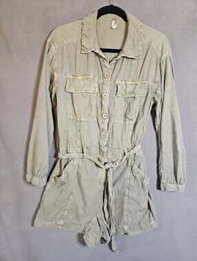 Free People Nubby Distress Army Green Shorts Belted Jumpsuit Women XS Boho